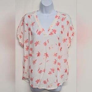 GAP Top M White Pink Coral Short Cuffed Sleeve V Neck Flowy No Stretch Fabric